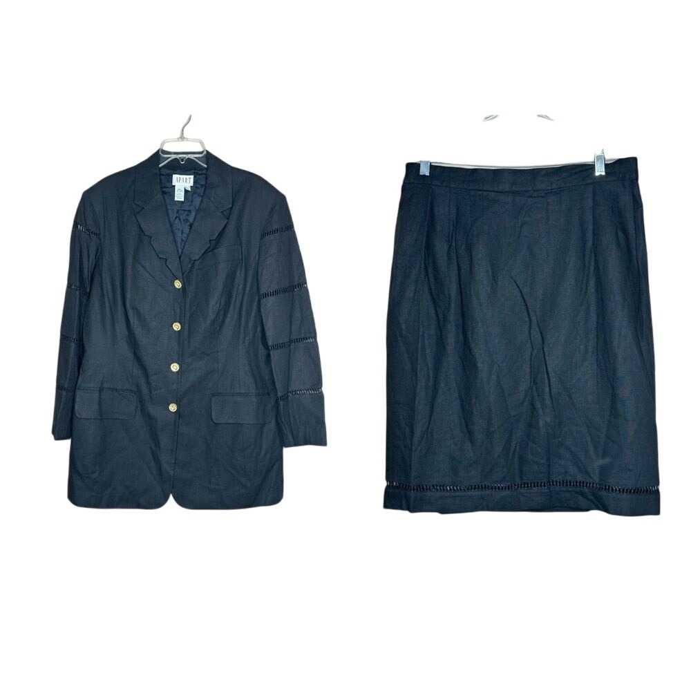 Apart Impressions Black Linen Blend Skirt Suit Set Ladder Stitch Gold Button 16